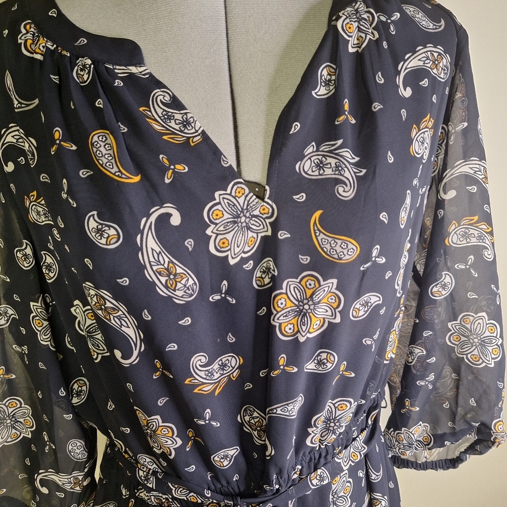 Loft Paisley Print Sheer Sleeve 3 Tiered Midi Dress Size Large P